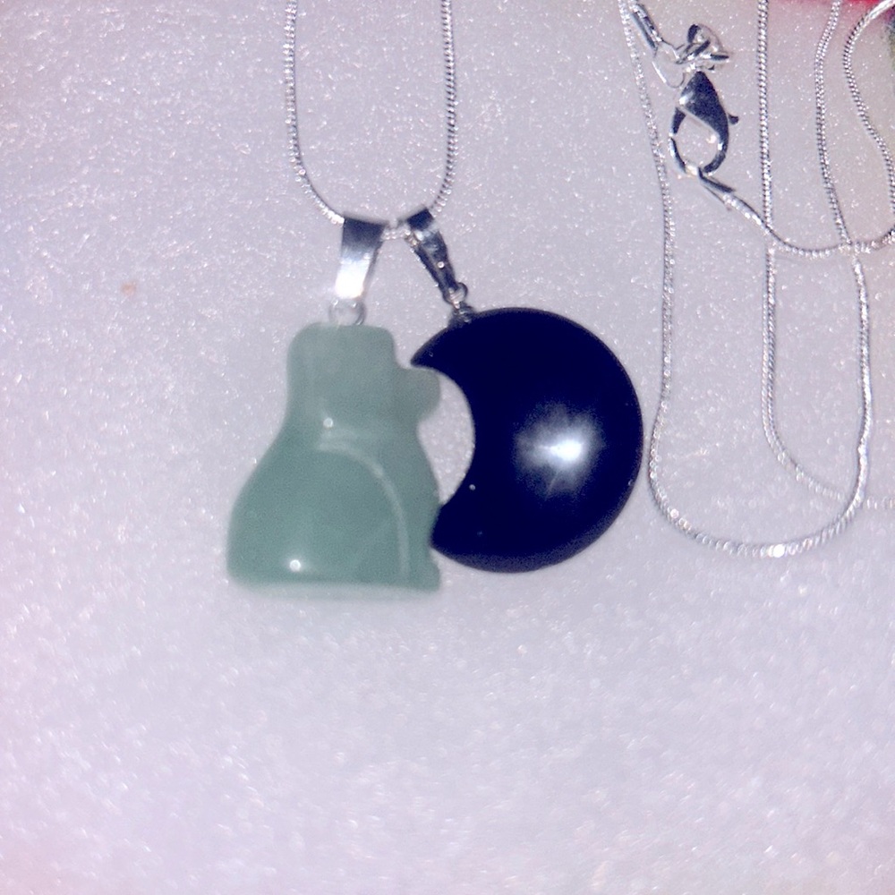 Boho Hippie Jade Dog and Onyx Moon Sterling Silver Necklace 30”